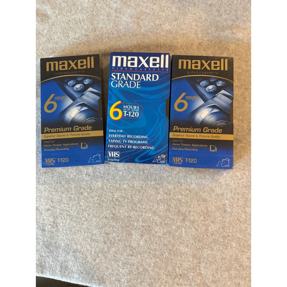 Maxell T-120 VHS Blank Video Cassette Tapes Lot of 3 Premium Standard Grade NWT